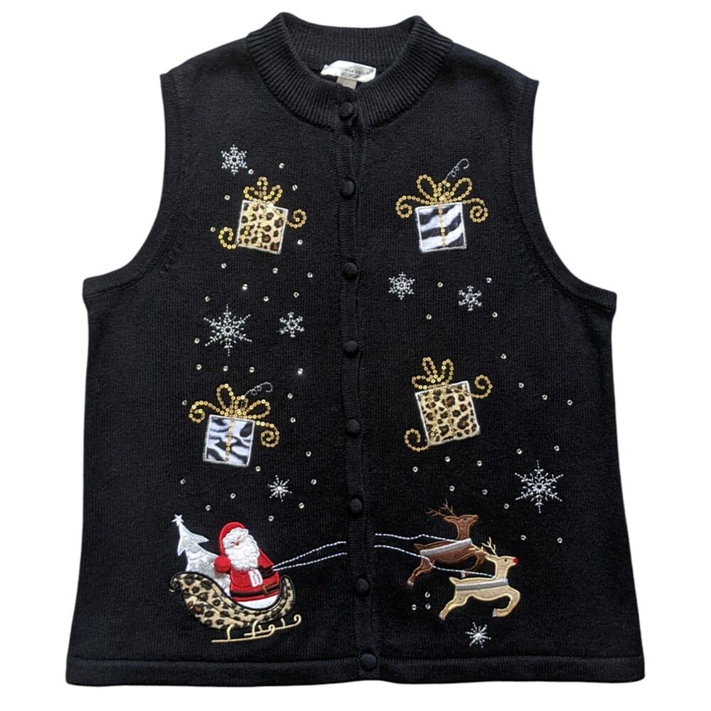 Christmas Sweater Vest Womens L Large Santa Cheetah Zebra Cardigan Reindeer Snow
